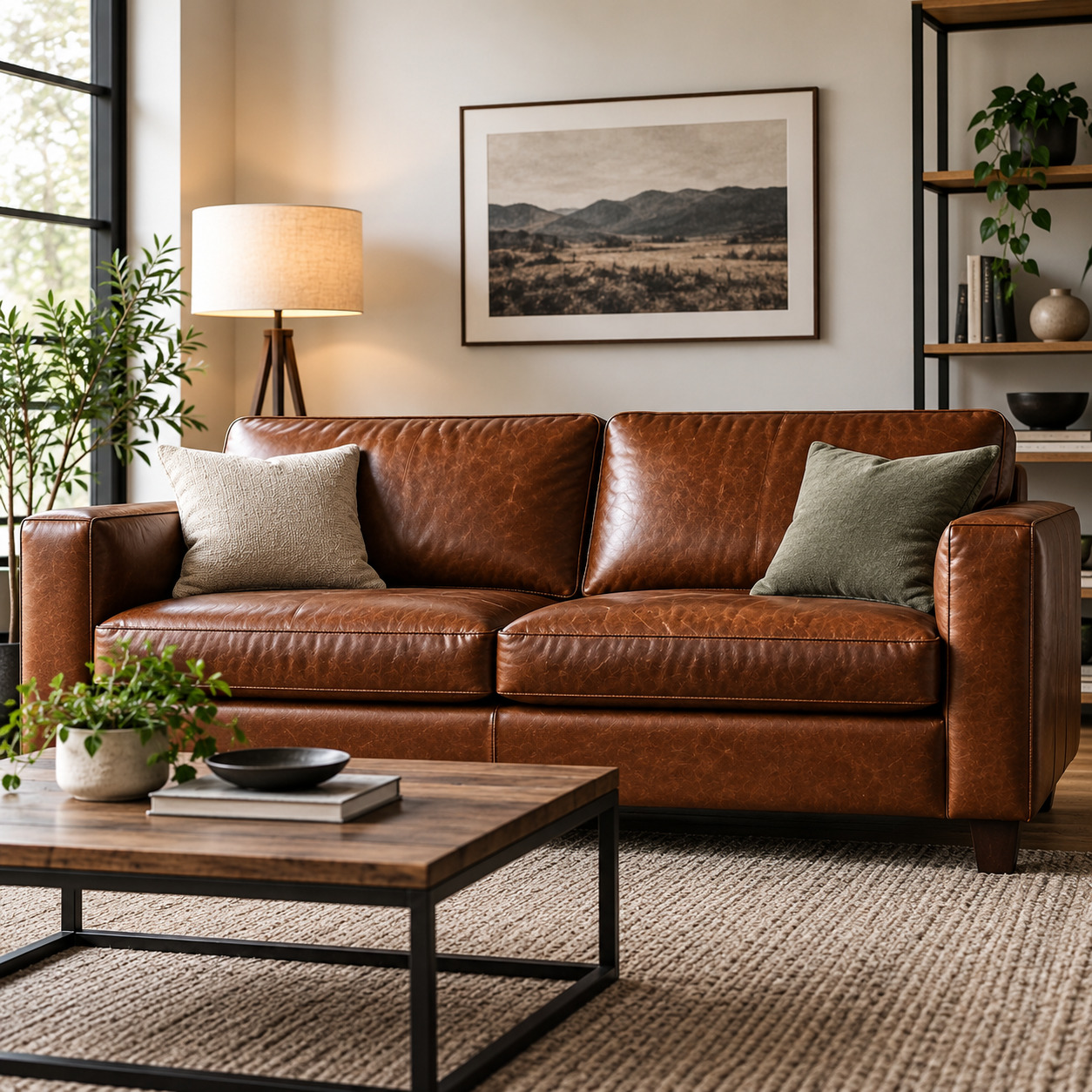 Brown leather sofa in a stylish modern living room